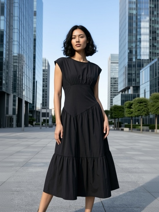 Dresses & Skirts - Black Tiered Midi Dress Sleeveless Fit & Flare Flowy Size L (No Tag)